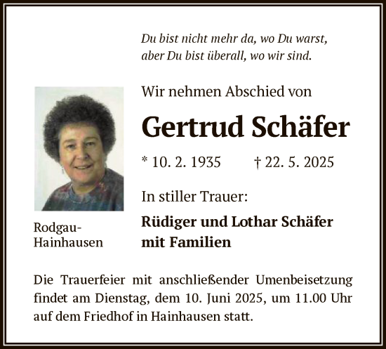 Todesanzeige von Gertrud Schäfer von OF0L