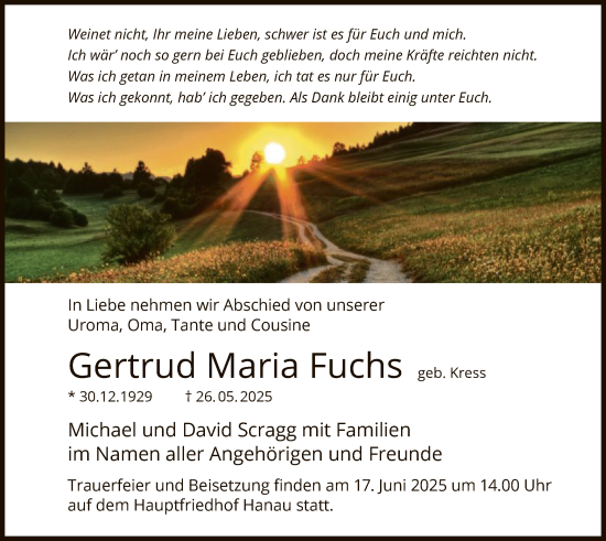 Todesanzeige von Gertrud Maria Fuchs von OFHA