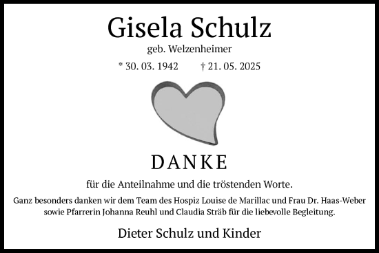 Todesanzeige von Gisela Schulz von OFHA