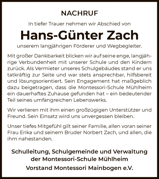 Todesanzeige von Hans-Günter Zach von OFOPOFOPOFOP