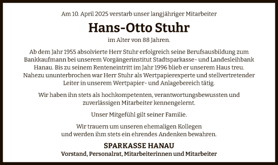 Todesanzeige von Hans-Otto Stuhr von OFHA