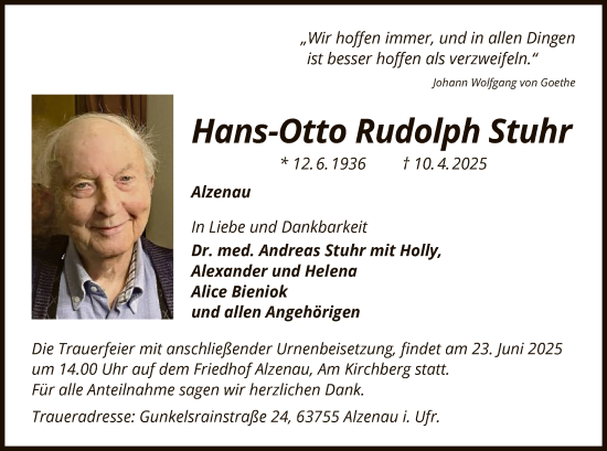 Todesanzeige von Hans-Otto Rudolph Rudolph Stuhr von OFHA