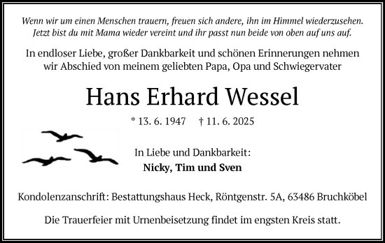 Todesanzeige von Hans Erhard Wessel von OFHA