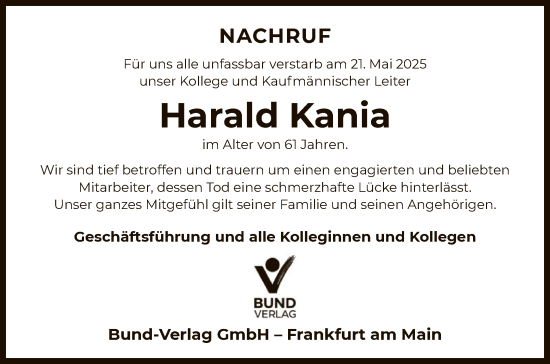 Todesanzeige von Harald Kania von OFHA
