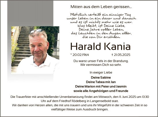 Todesanzeige von Harald Kania von OFHA