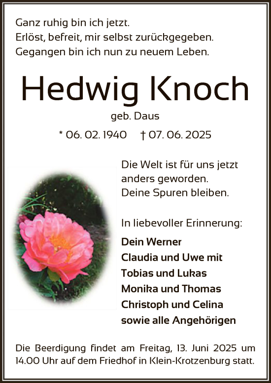 Todesanzeige von Hedwig Knoch von OFOP