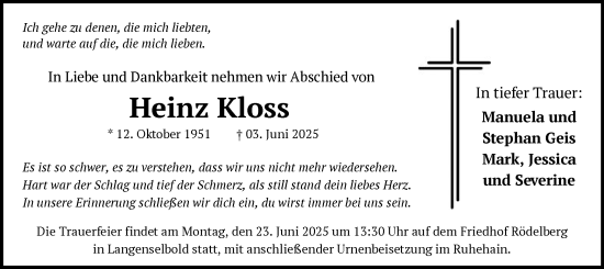 Todesanzeige von Heinz Kloss von OFHA