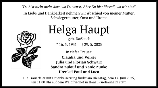 Todesanzeige von Helga Haupt von OFHA
