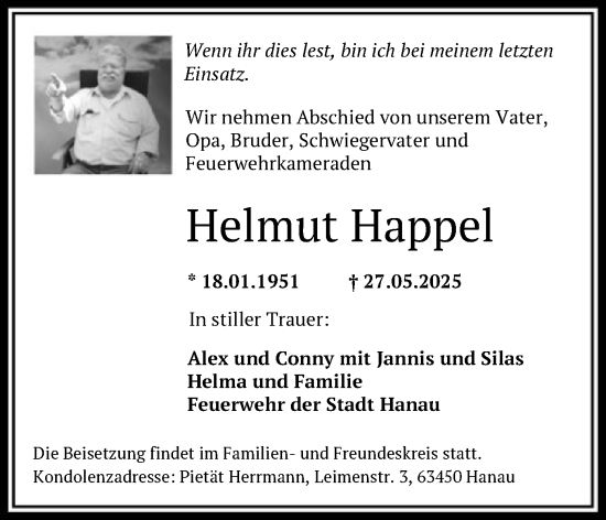 Todesanzeige von Helmut Happel von OFHA