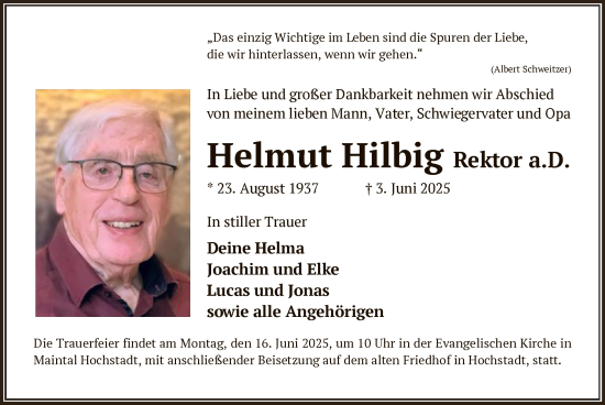 Todesanzeige von Helmut Hilbig von OFHA