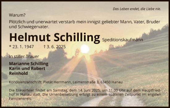 Todesanzeige von Helmut Schilling von OFHA
