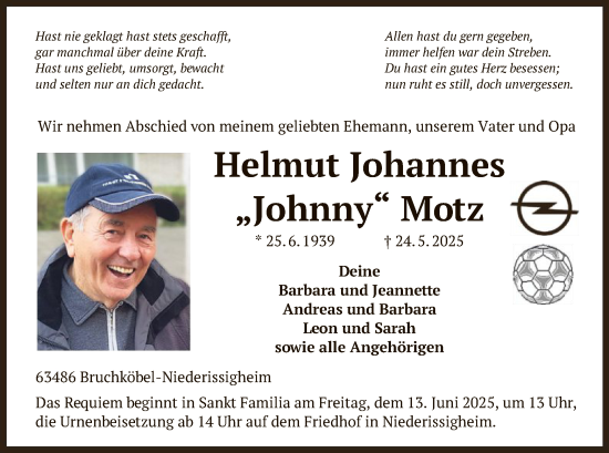 Todesanzeige von Helmut Johannes Motz von OFHA