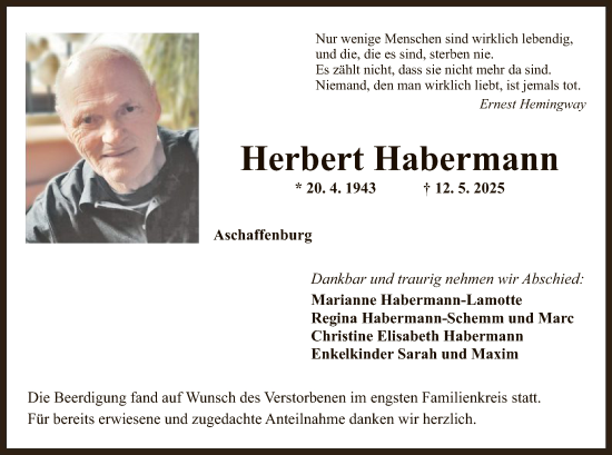 Todesanzeige von Herbert Habermann von OF0L