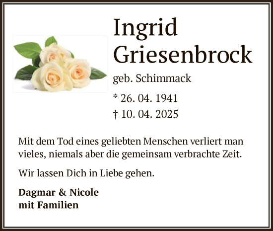 Todesanzeige von Ingrid Griesenbrock von OF0L