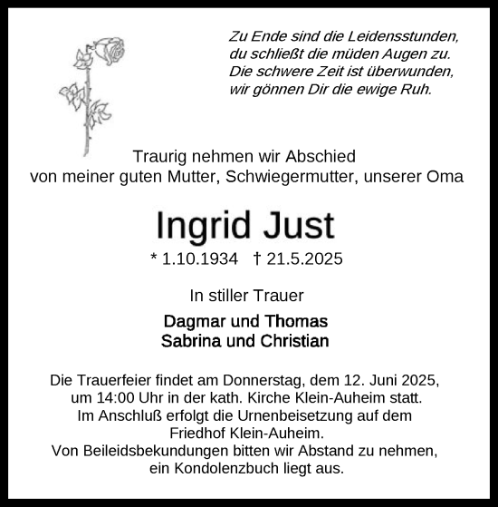 Todesanzeige von Ingrid Just von OFOP
