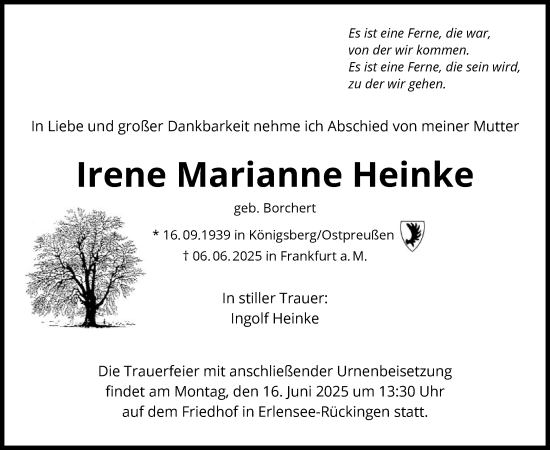 Todesanzeige von Irene Marianne Heinke von OFHA