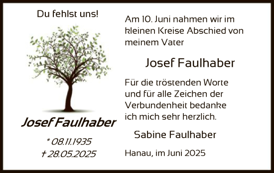 Todesanzeige von Josef Faulhaber von OFHA