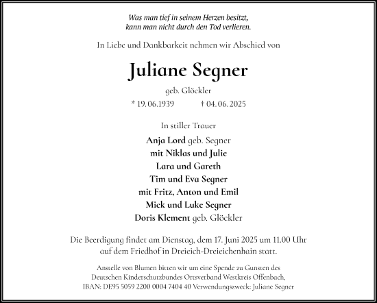 Todesanzeige von Juliane Segner von OFOP