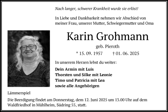 Todesanzeige von Karin Grohmann von OFOP