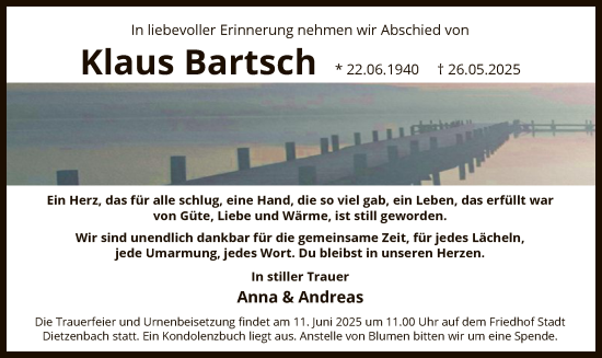 Todesanzeige von Klaus Bartsch von OF0L