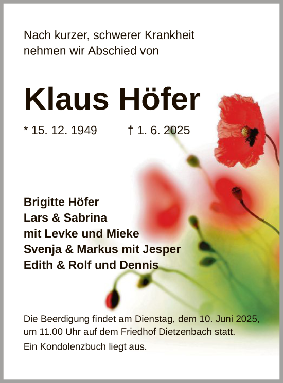 Todesanzeige von Klaus Höfer von OF0L