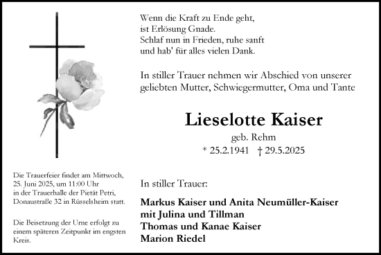 Todesanzeige von Lieselotte Kaiser von OFMF