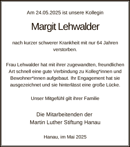Todesanzeige von Margit Lehwalder von OFHA