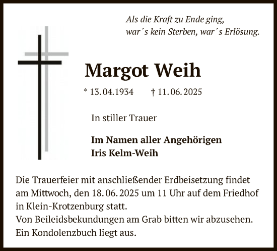 Todesanzeige von Margot Weih von OFOP