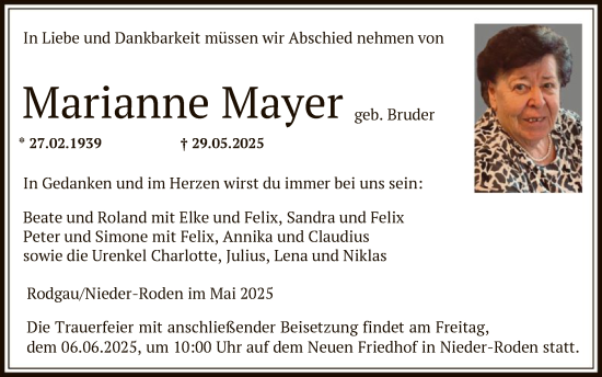 Todesanzeige von Marianne Mayer von OFOP