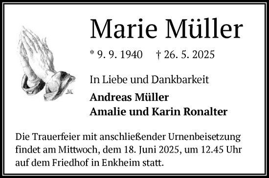 Todesanzeige von Marie Müller von BOWO