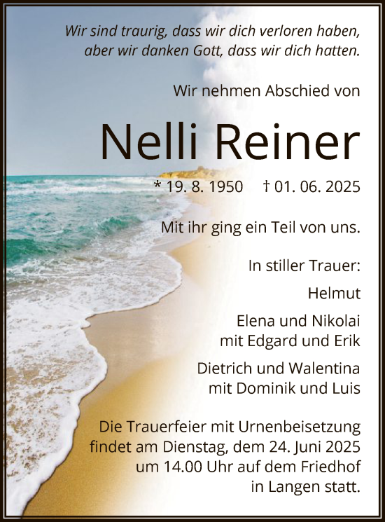 Todesanzeige von Nelli Reiner von OF0W