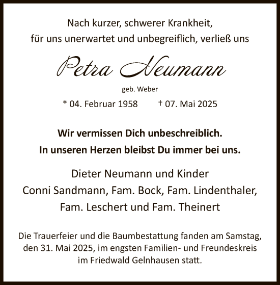 Todesanzeige von Petra Neumann von OFHA