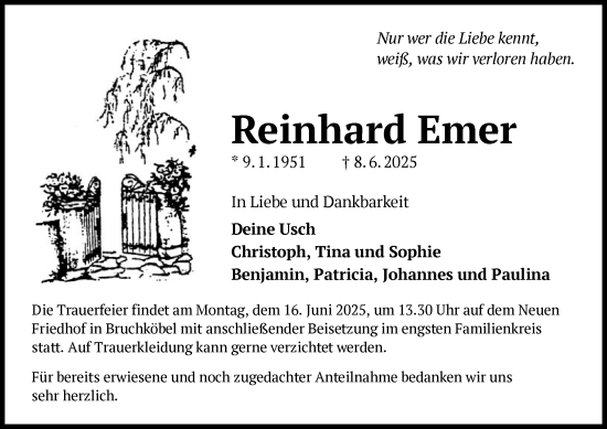Todesanzeige von Reinhard Emer von OFHA
