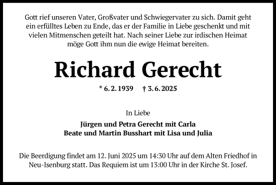 Todesanzeige von Richard Gerecht von OFOP
