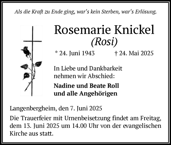 Todesanzeige von Rosemarie Knickel von OFHA