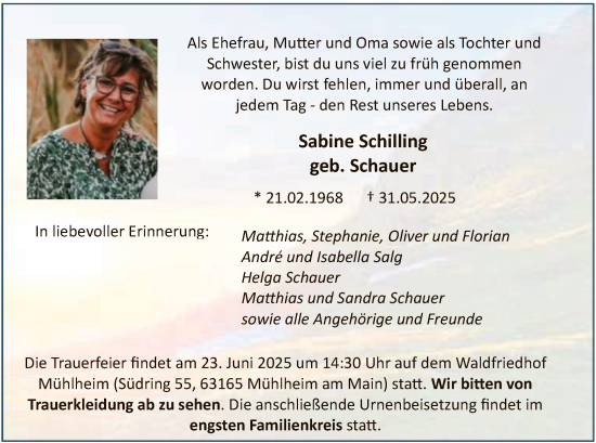 Todesanzeige von Sabine Schilling von OFOP