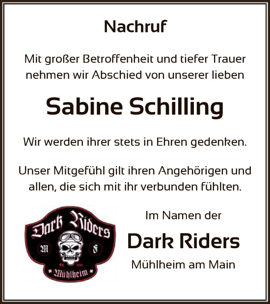 Todesanzeige von Sabine Schilling von OFOP