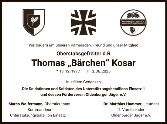 Todesanzeige von Thomas Kosar von OF0W