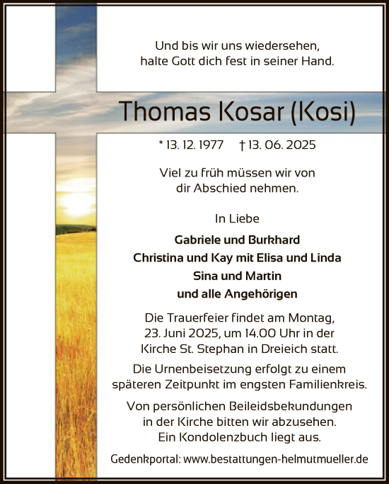 Todesanzeige von Thomas Kosar von OFOP
