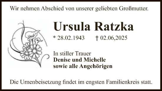 Todesanzeige von Ursula Ratzka von OF0T