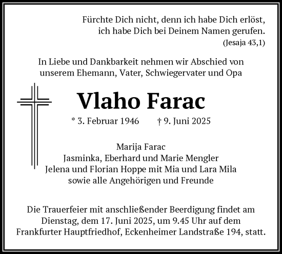 Todesanzeige von Vlaho Farac von OFOP