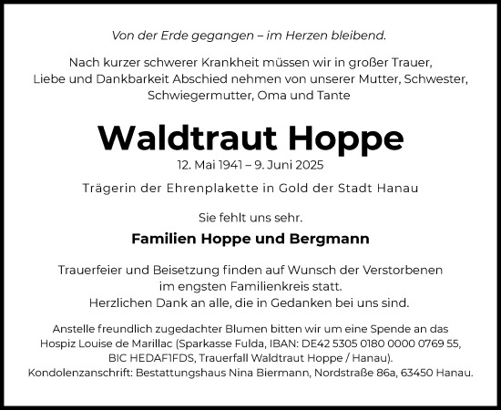 Todesanzeige von Waldtraut Hoppe von OFHA
