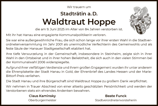 Todesanzeige von Waldtraut Hoppe von OFHA