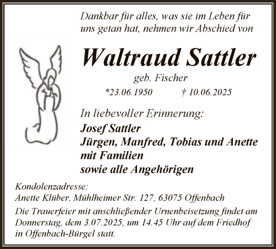 Todesanzeige von Waltraud Sattler von OFOP