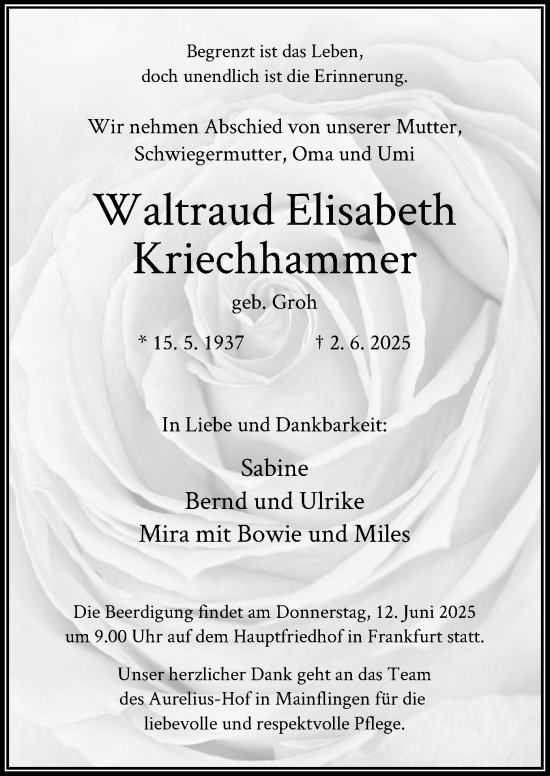 Todesanzeige von Waltraud Elisabeth Kriechhammer von OFOP