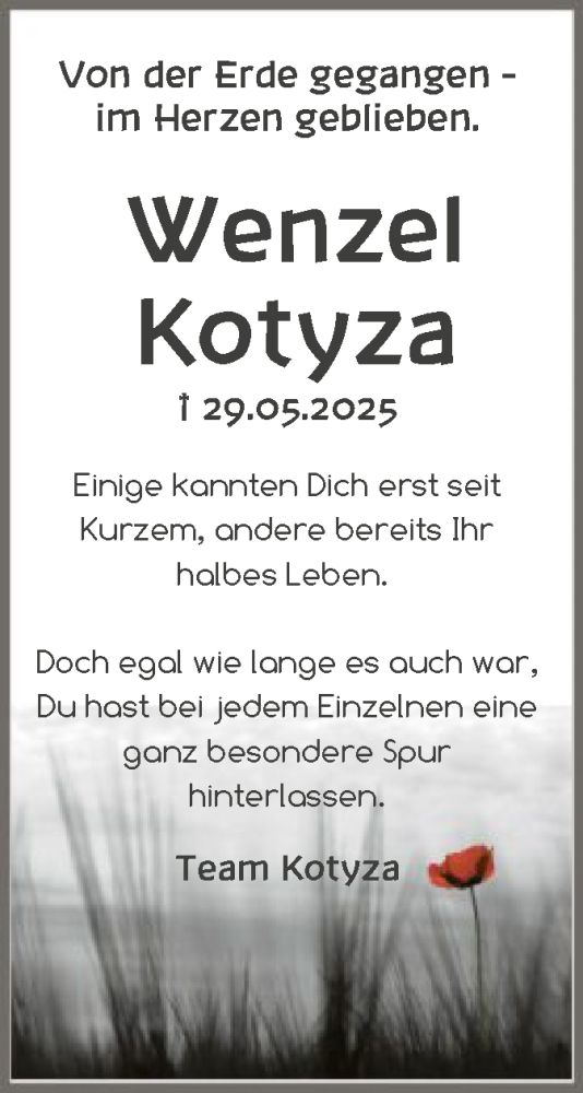 Todesanzeige von Wenzel Kotyza von OFHA