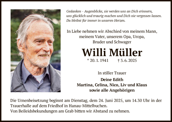 Todesanzeige von Willi Müller von OFHA