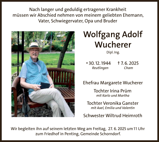 Todesanzeige von Wolfgang Adolf Wucherer von OFOP