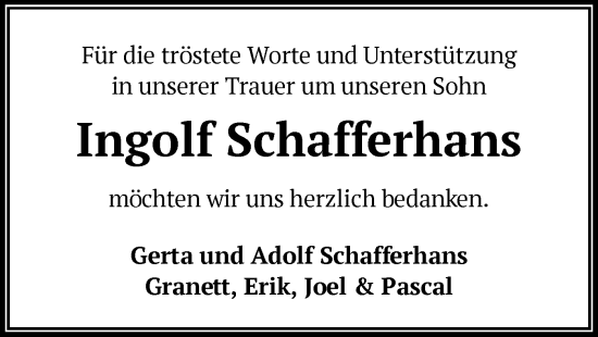 Todesanzeige von Ingolf Schafferhans von OF0L