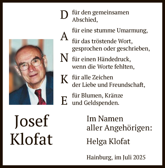 Todesanzeige von Josef Klofat von OFOP